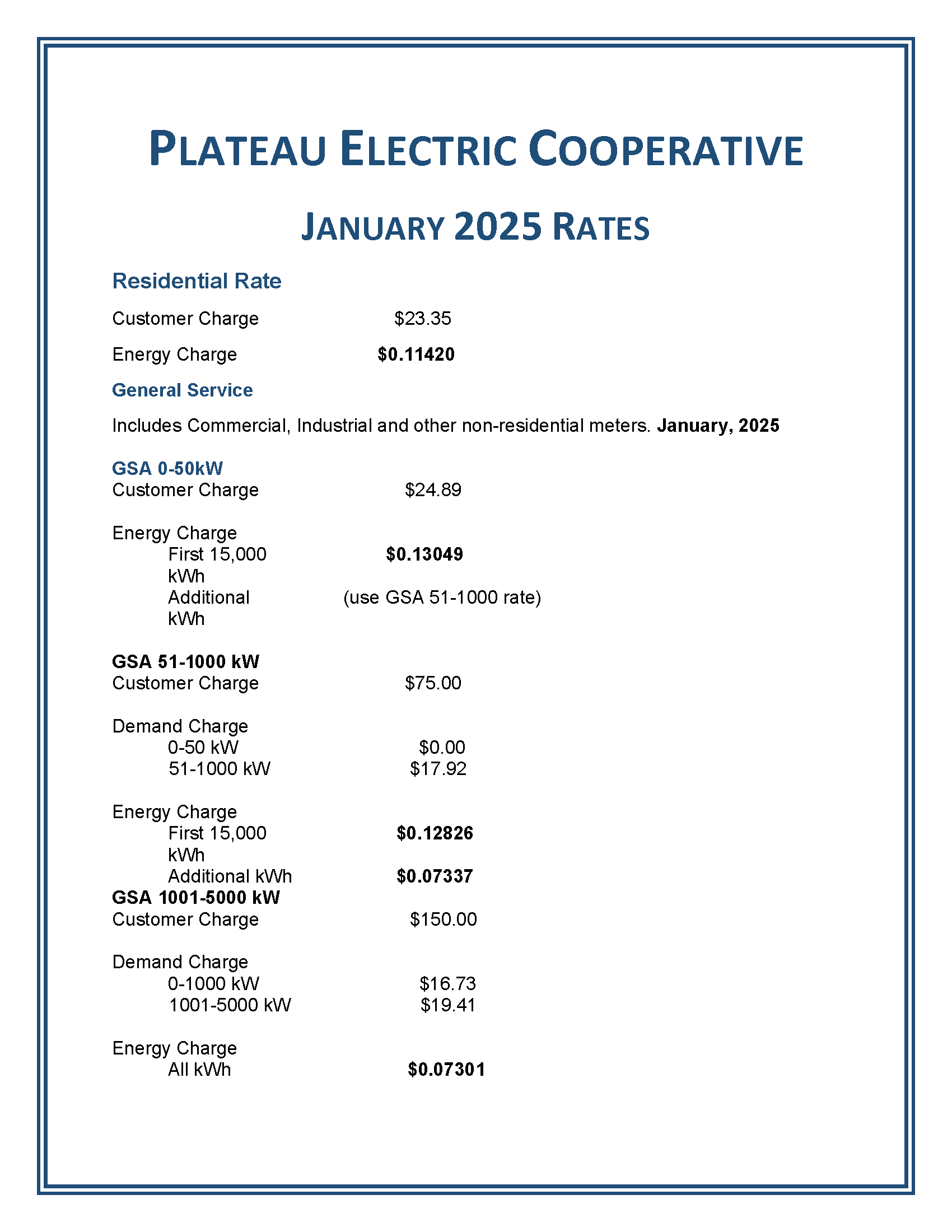 Rates 2025 - Plateau Electric Cooperative