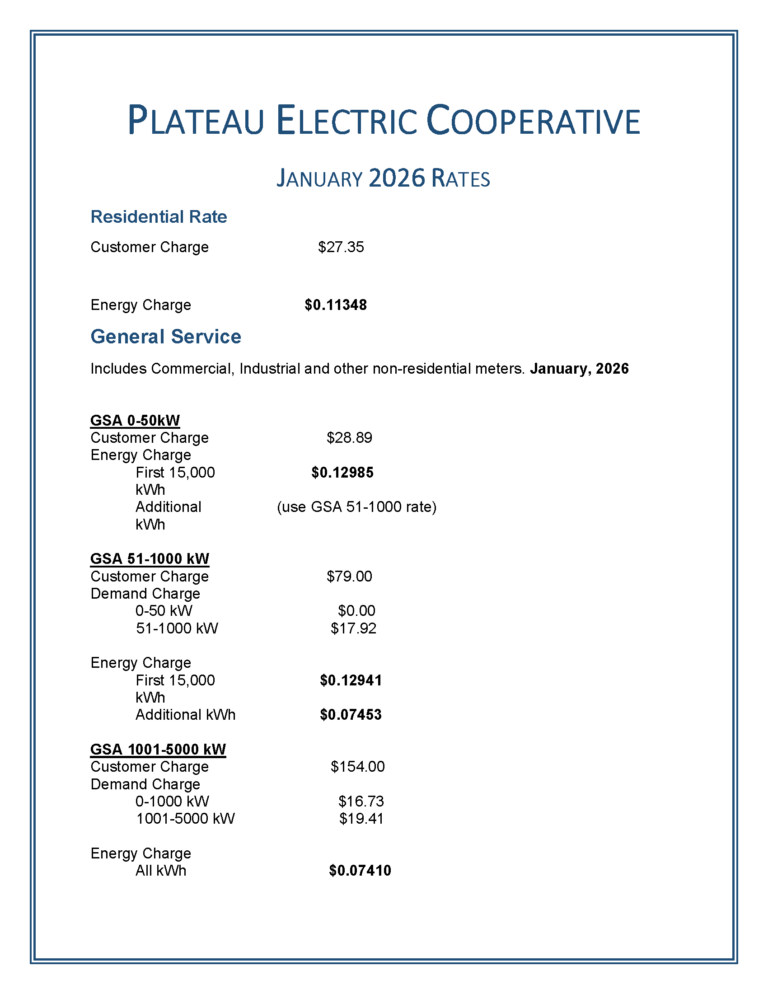Rates 2026 - Plateau Electric Cooperative
